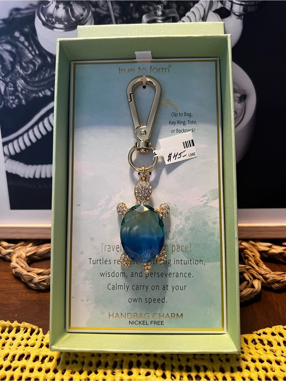 True to Form Blue Turtle Handbag Charm with Gold Accents